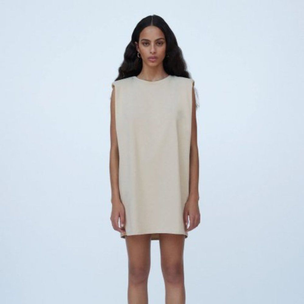 Beige Zara Shoulder Padded Sleeveless Knit Dress (NWT)